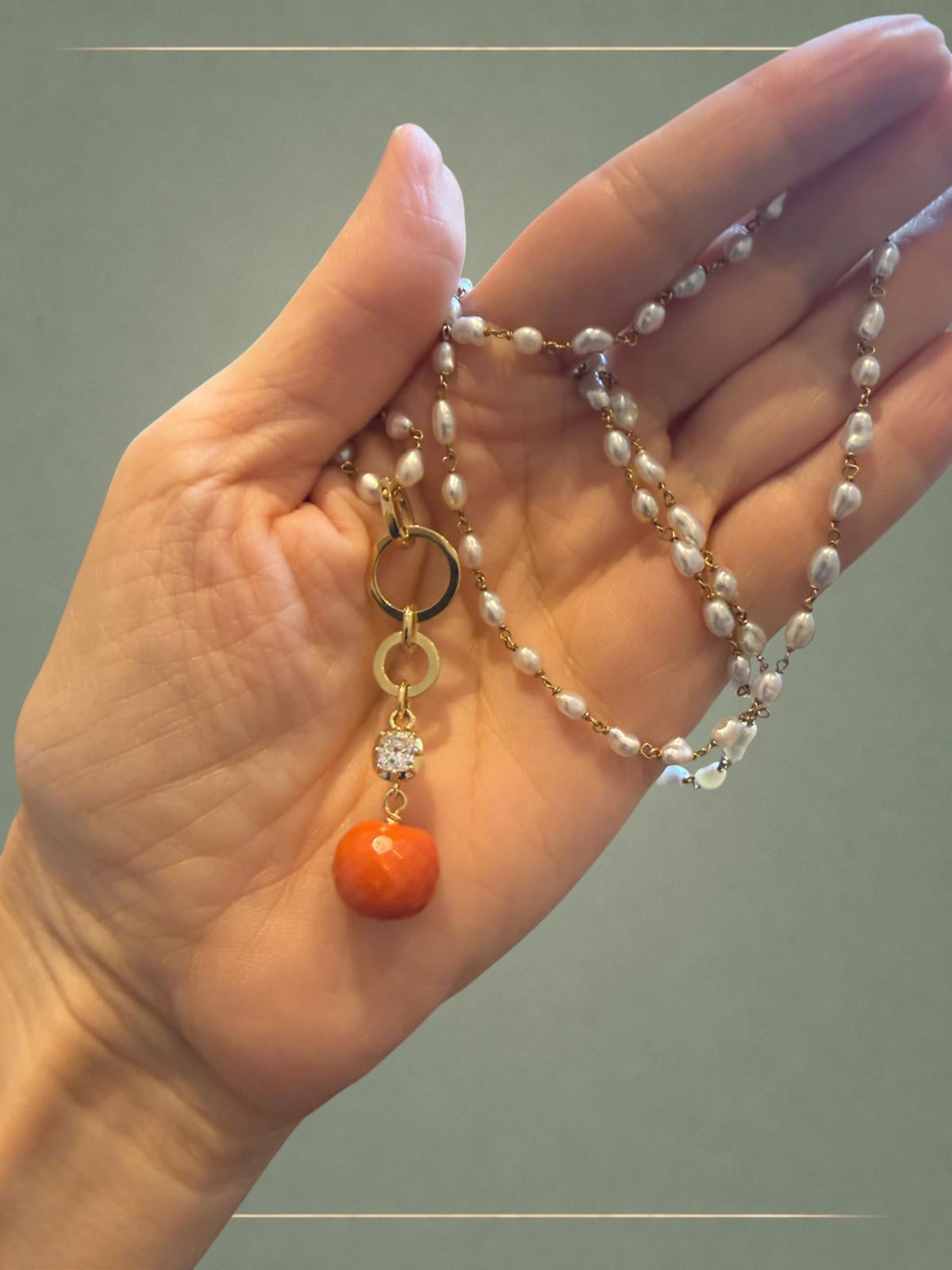 Antique Coral, Diamond  & Gold Solitaire Pendant