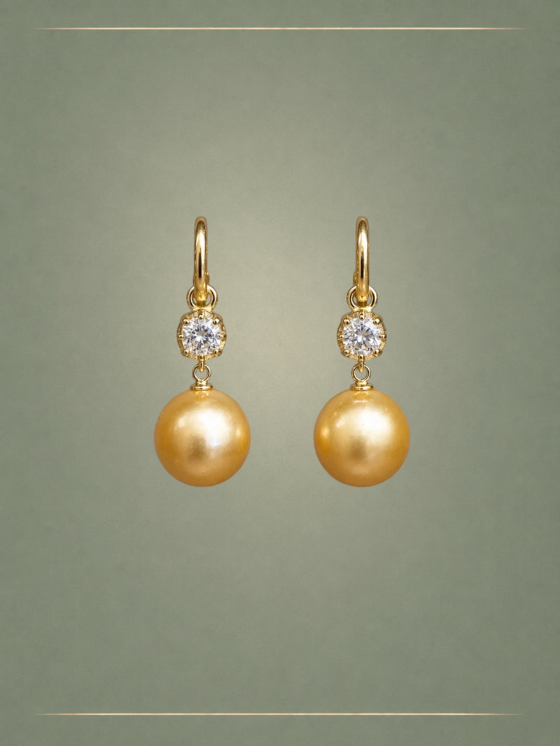 Champagne South Sea Pearl, Diamond & Gold Hoop Earrings