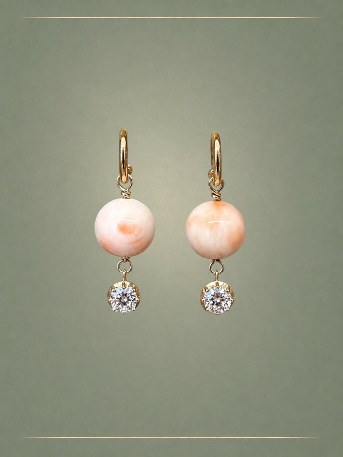 Momo Angel Skin Coral, Diamond & Gold Hoop Earrings